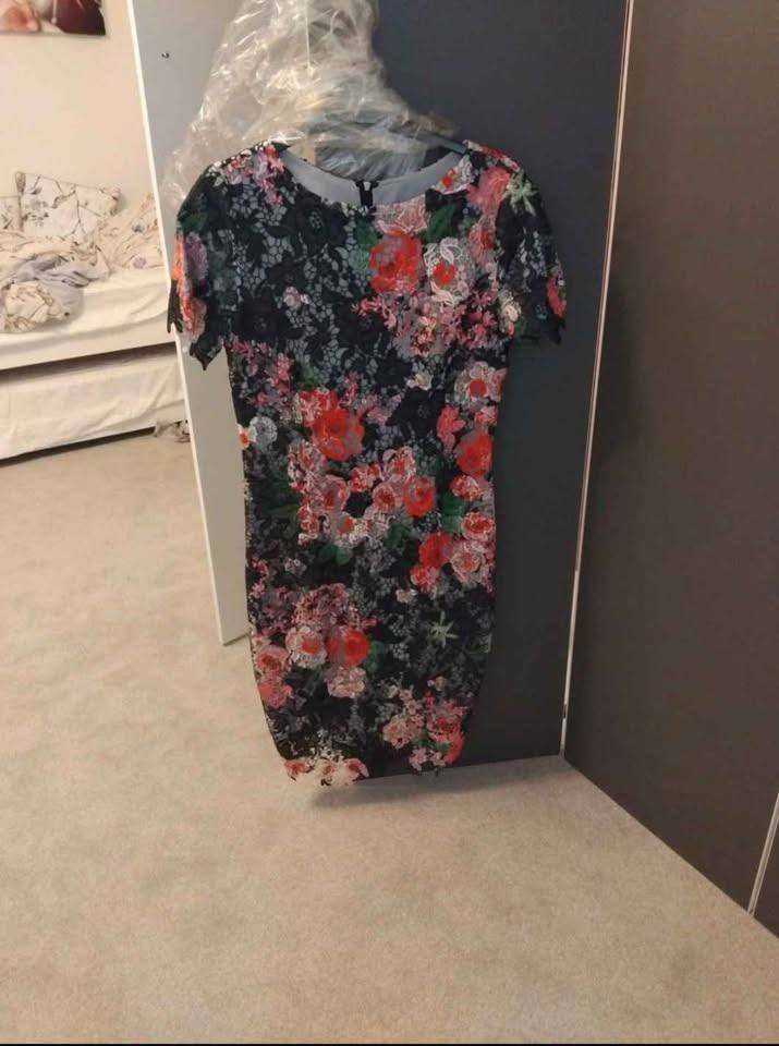 ASOS black floral knee length, short sleeve, bodycon style dress