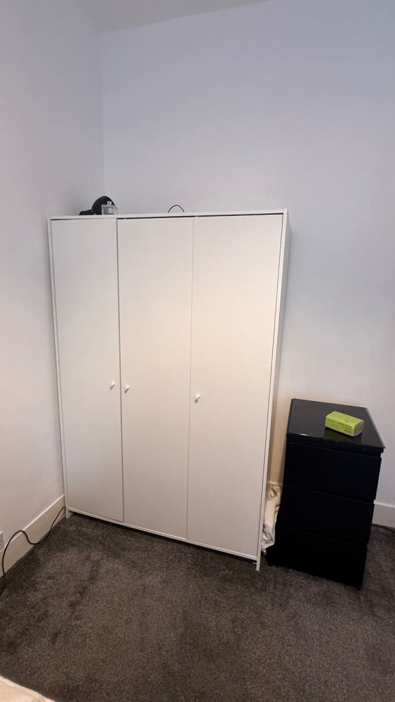 White Triple Wardrobe with Shelves and Hanging Rail