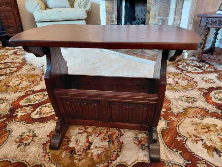 Old Charm Tudor Oak Magazine Rack / Side Table - Excellent Condition