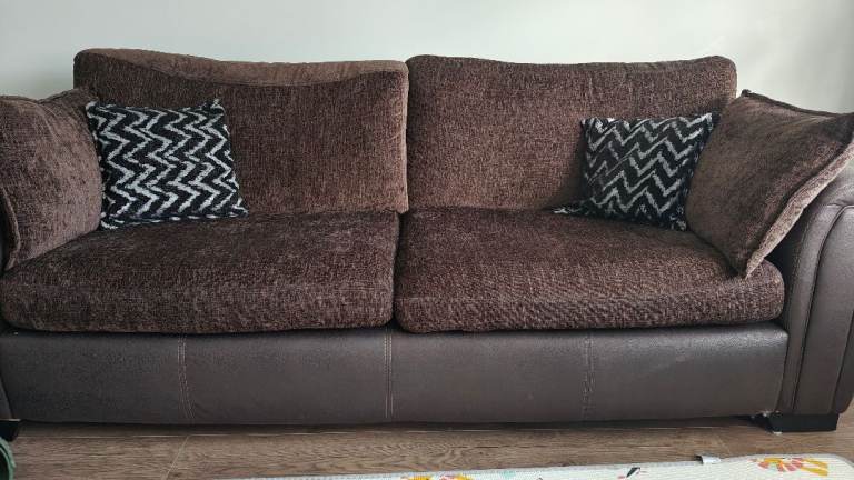 2 X 4 Seater Brown Fabric and Faux Leather Sofa – Good Condition