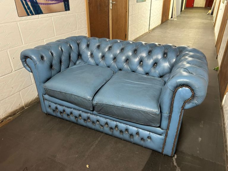 Blue Leather Chesterfield style sofa  
