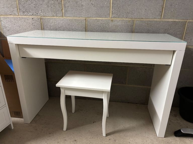 White Dressing Table with Glass Top & Matching Stool