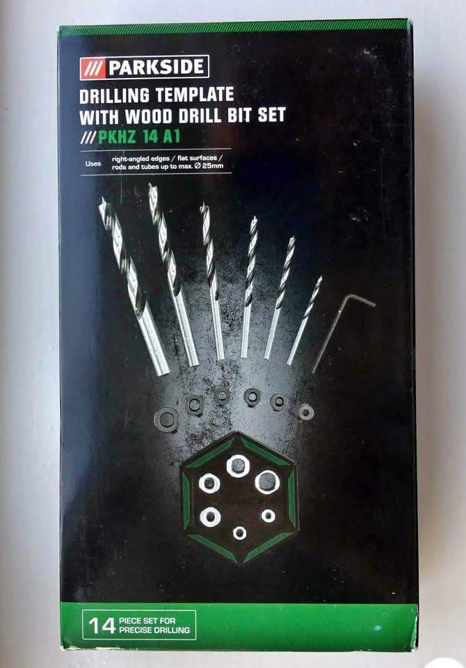 Brand New Parkside Drilling Template With Wood Drill Bit Set