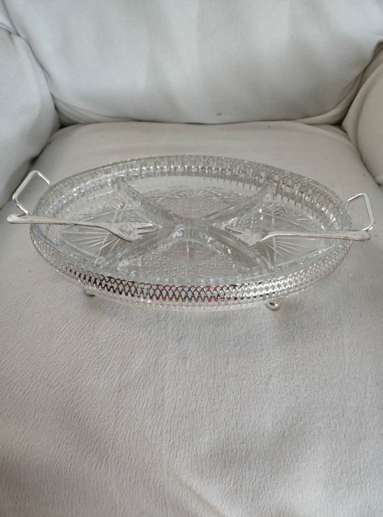 Glass Divided Serving Dish with Silver Plated Stand and Forks New 