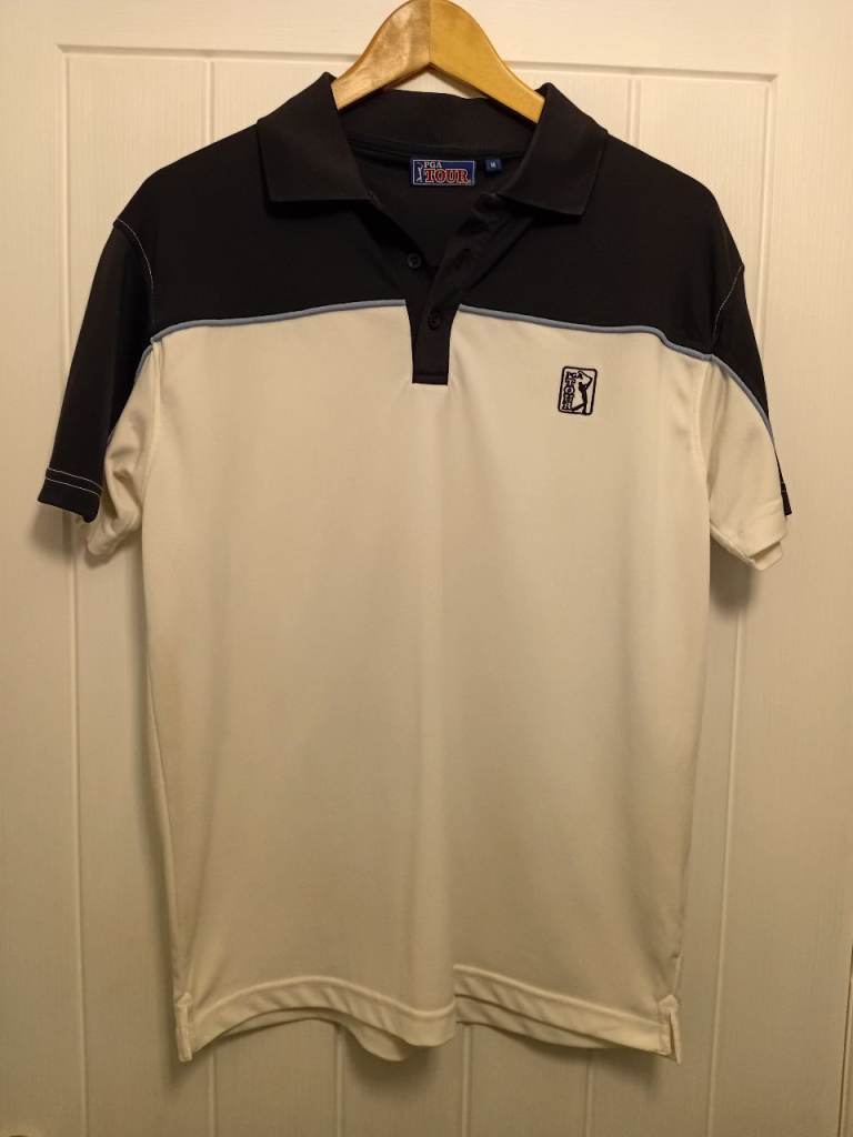Official PGA TOUR - Men's Golf Polo Shirt ( Size M Medium ) Black White Blue Trim ( NEVER WORN )