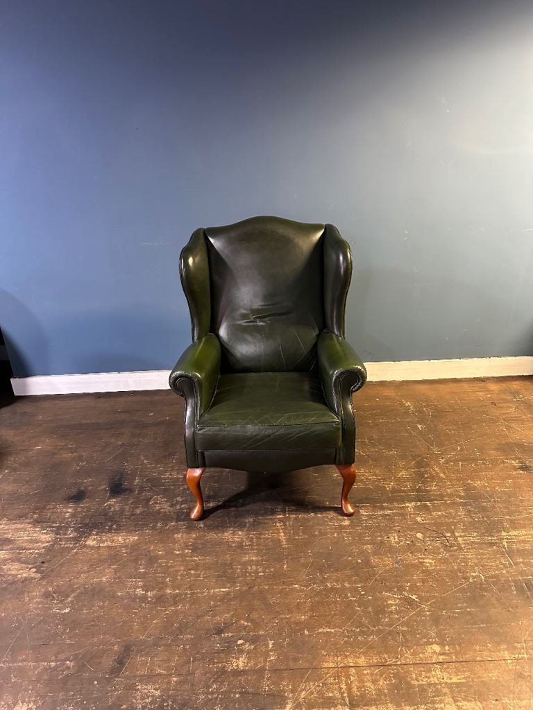 Superb green leather chesterfield Queen Anne armchair Uk delivery 