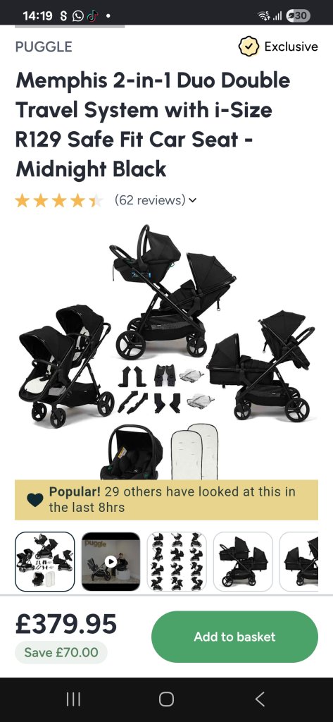 Puggle Memphis 2-in-1 Duo Double Travel System with Car Seat - Midnight Black