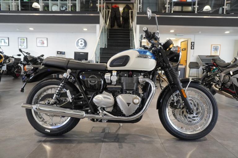 Triumph Bonneville T120, 2026, Aegean Blue/ White. IN STOCK NOW Only £12695. 