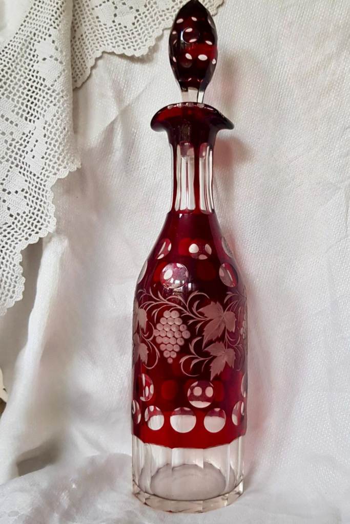 Vintage Glass Decanter- Cranberry Flash Cut Etched Grape Vine Decoration.