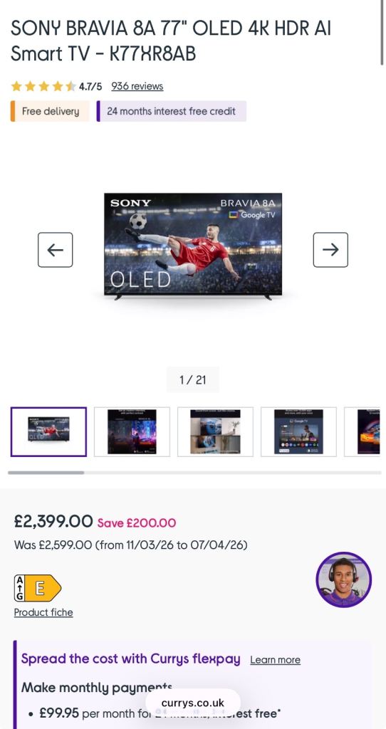 BRAND NEW Sony BRAVIA 8 OLED 77” Smart TV – 4K HDR 120Hz TV – RRP £2399