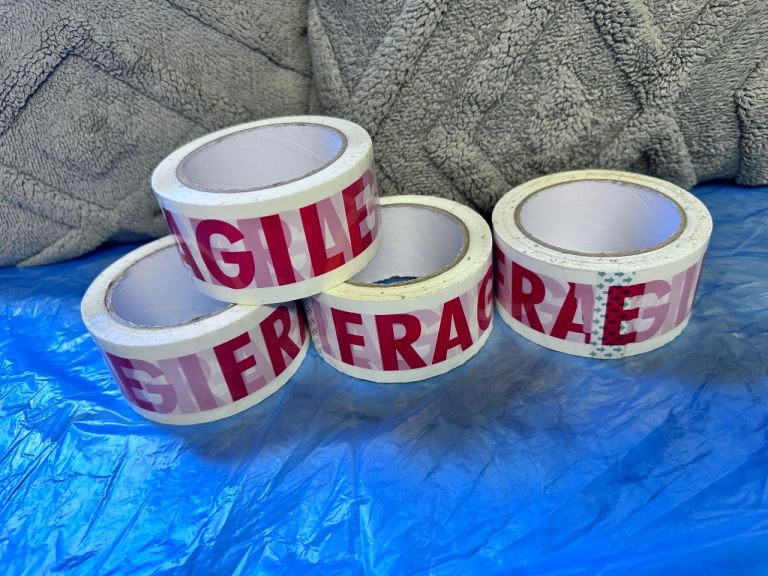 New Fragile Packing Tape Rolls – White & Red