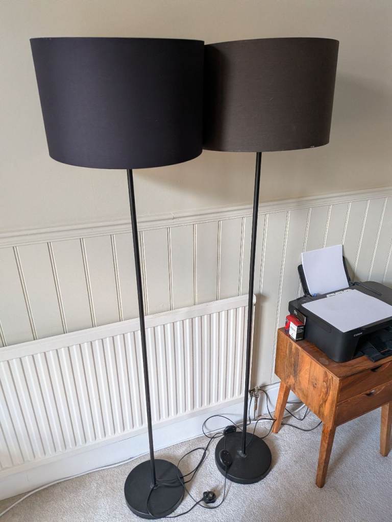 2 x Tall Floor Lamps Drum Shade Black Standing Lamps Living Room Pair