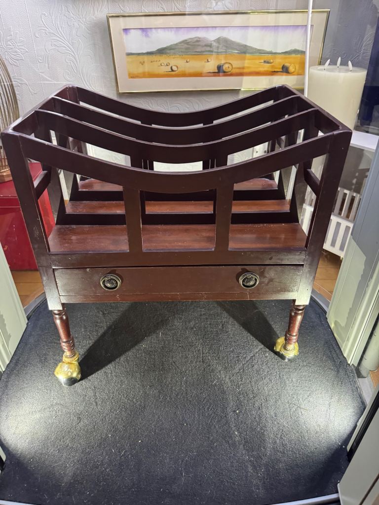 Vintage mahogany Canterbury Magazine rack with drawer and brass casters 