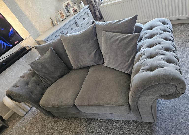 Lovely Grey Fabric Chesterfield Sofas – Great Condition
