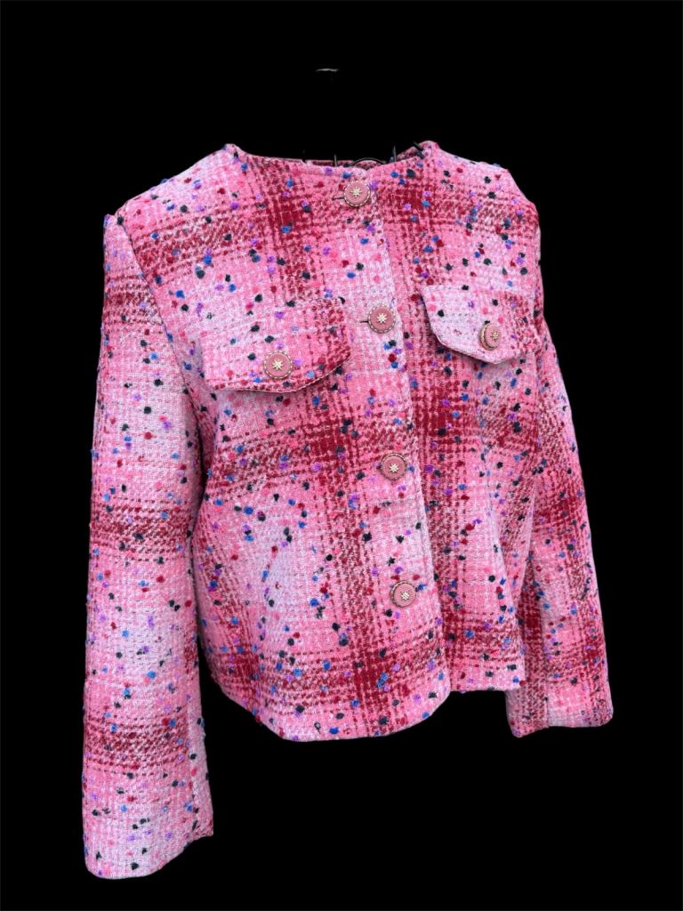 Pink bouclé tweed bomber jacket