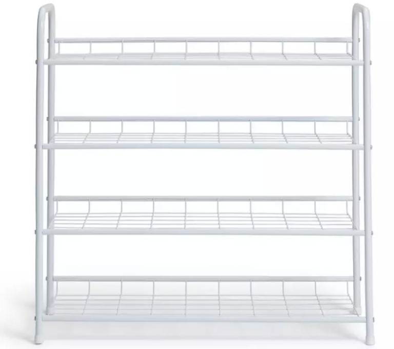 A new already built white metal 4 tier shoe rack .