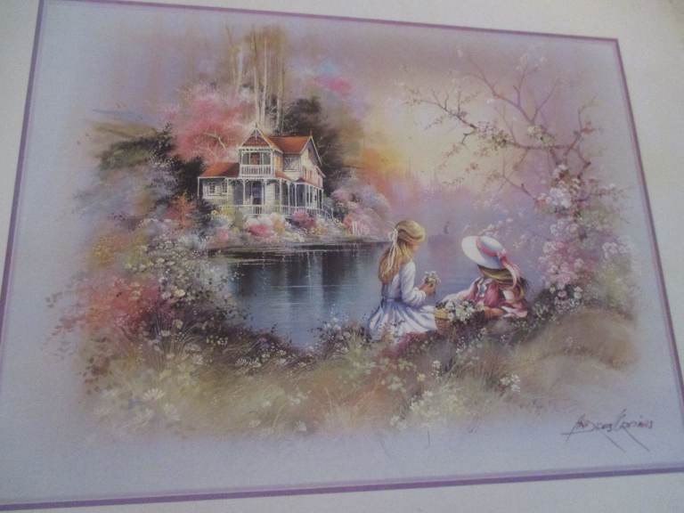 VINTAGE ANDRES ORPINAS PRINT WITH GIRLS SITTING  WITH POND AND HOUSE IN THE DISTANCE