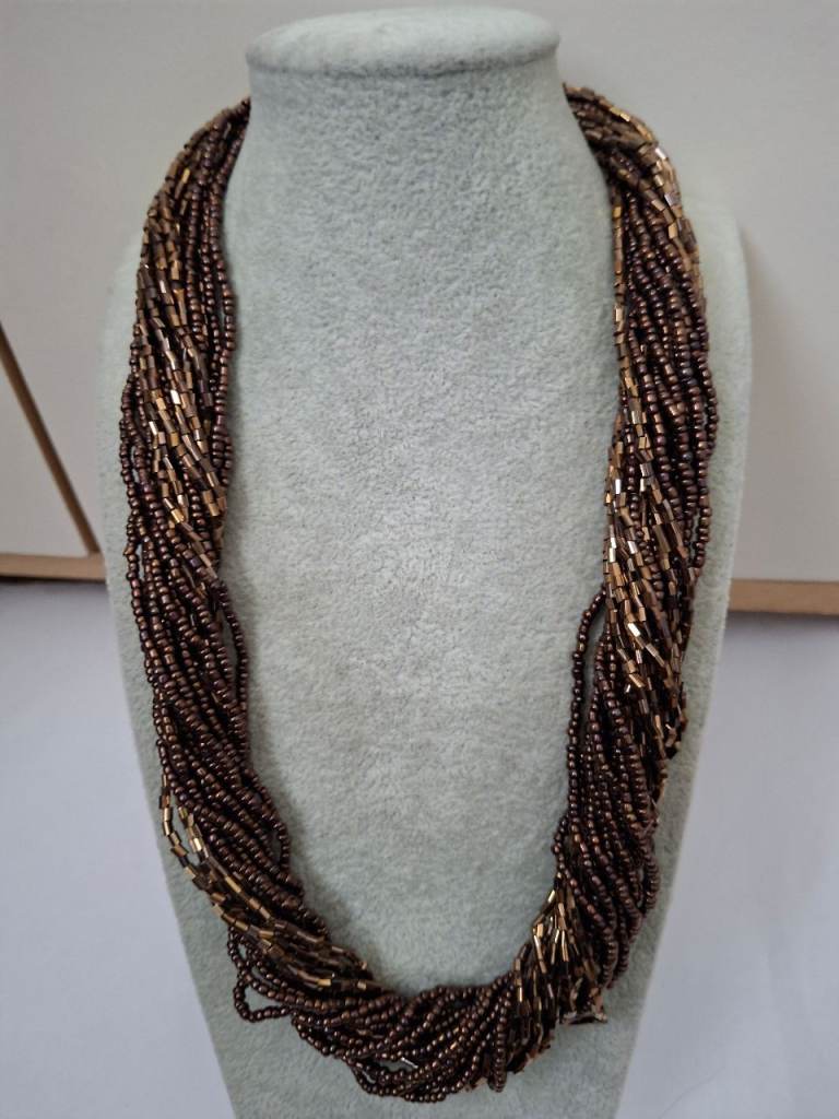 Stylish Multistrand Beaded Necklace – Brown and Gold Tones