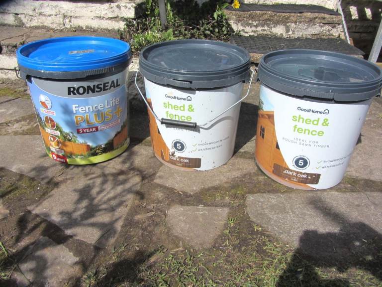 2 FULL Tubs of DARK OAK PAINT / WOOD PRESERVATIVE for Fence - Garage - Decking - 5 YEAR PROTECTION 
