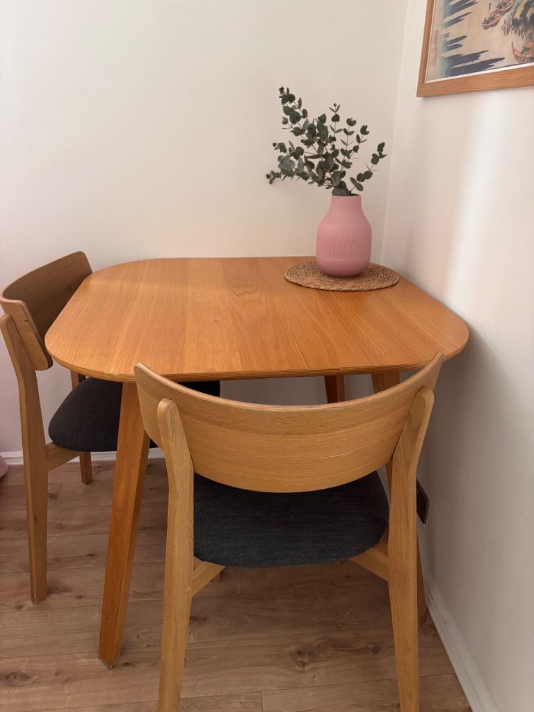 Oak Scandinavian style table and chairs x 2 