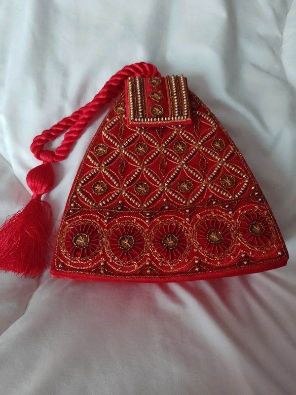 Red beaded fabric bag - new, unused
