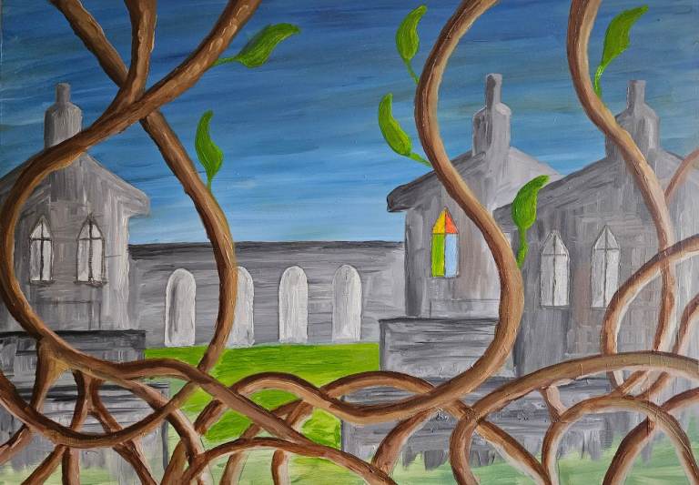Oil painting on board: Rural Landscape with Buildings and Vines