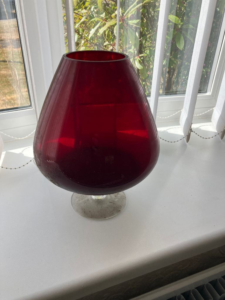 Vintage Ruby Red Glass Brandy Balloon Vase With A Clear Stem - Good Condition