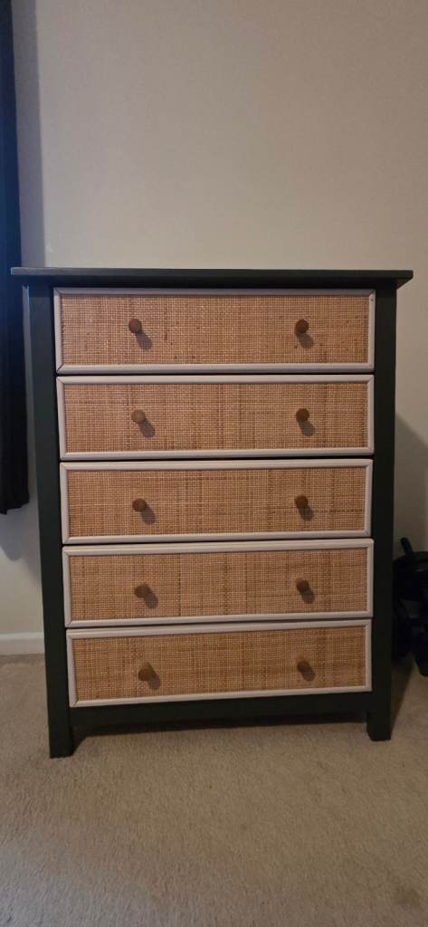 Upcycled Chest of Drawers – Dark Green with Rattan/Cane Drawer Fronts £100/ono