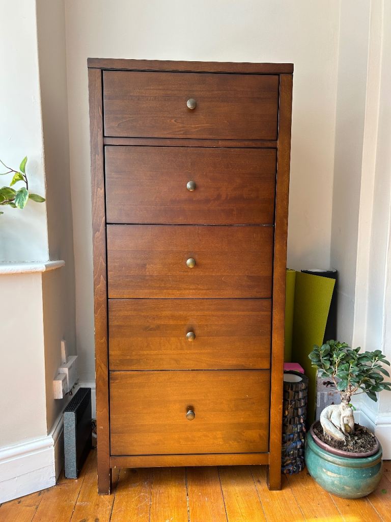 Brown Wooden Chest of 5 Drawers