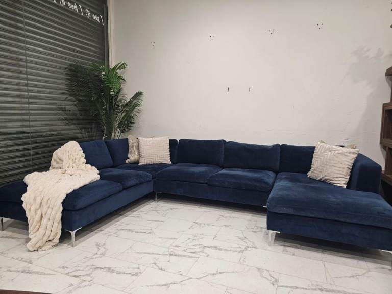 Made Dot Com Blue Velvet U Shape Corner Sofa