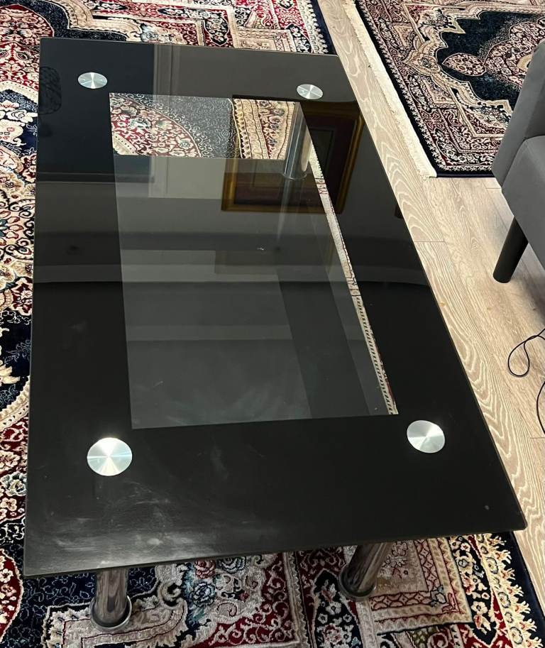 Black Glass Top Coffee Table with Metal Legs – Good Condition
