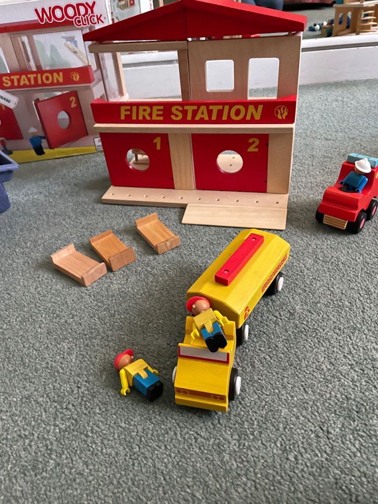 WOODYCLICK Wooden Fire Station Toy Set – Good Condition