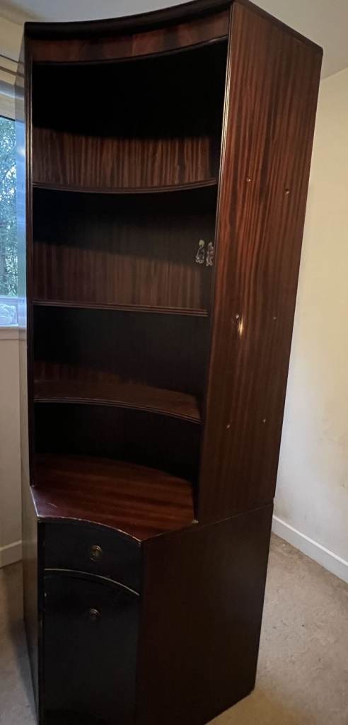 Dark Wood Corner Bookshelf with Storage – Good Condition