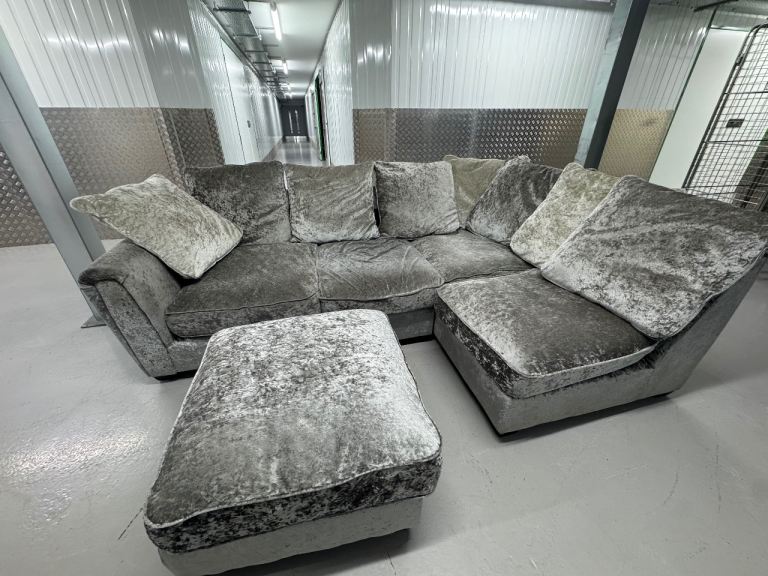 CRUSHED VELVET SILVER CORNER SOFA + FOOTSTOOL - DELIVERY Available
