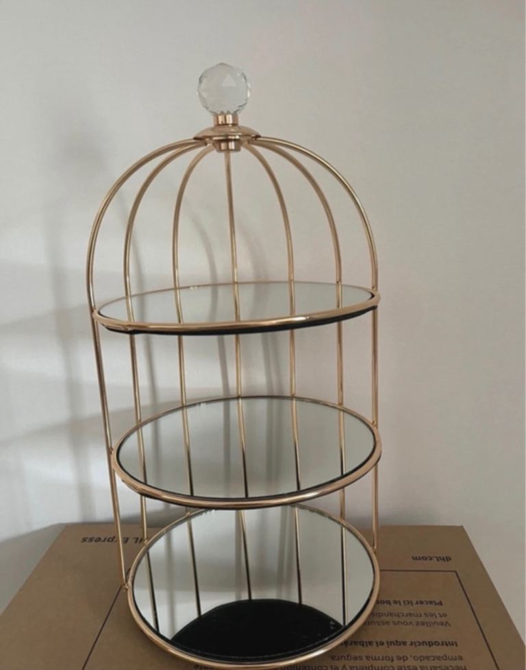 Gold Metal Display Shelf with Mirrored Tiers - Birdcage Style, AS NEW