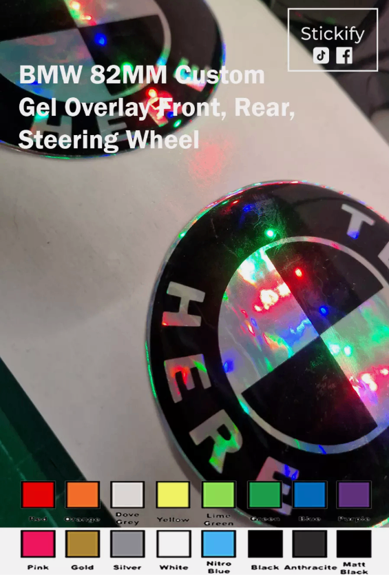 Custom BMW 82, 74MM Gel Badge Overlay Front, Rear, Steering Wheel