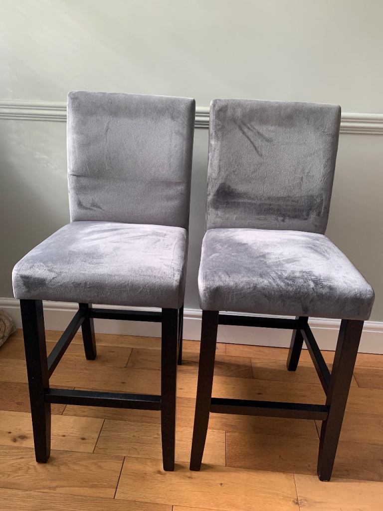 Two Grey Velvet Bar Stools – Excellent Condition