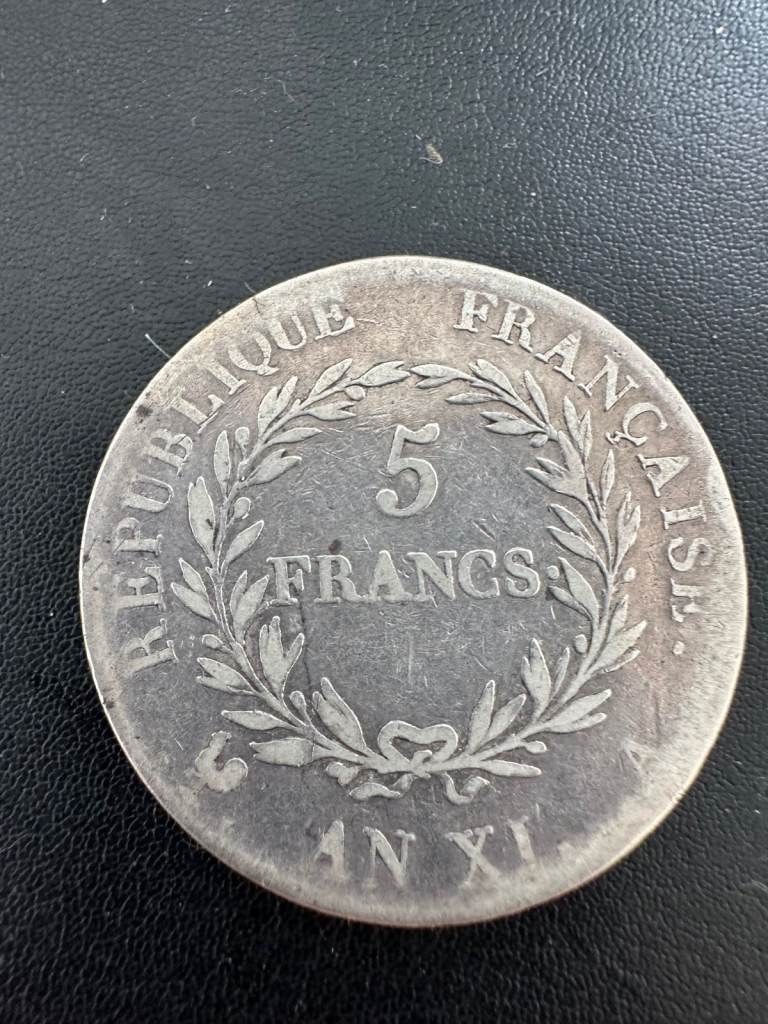 Silver French 5 franc coin dated ANXI (1802) - Napoleon Bonaparte