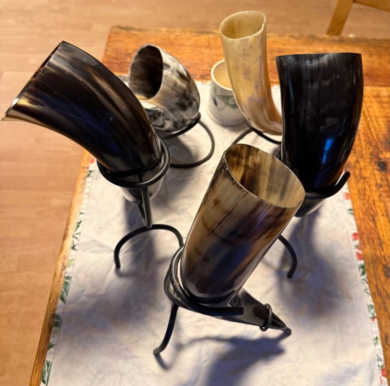 DRINKING HORNS WITH METAL STANDS – SET OF FIVE