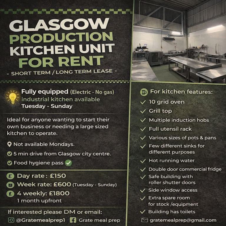 🚨 Production Kitchen for Rent – Glasgow 🚨