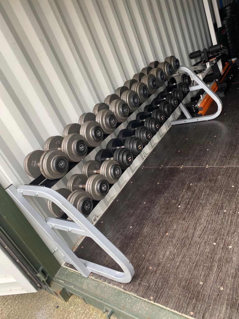 Commercial 2 tier dumbbell rack with 695kg cast iron & Jordan rubber dumbbells in pairs.