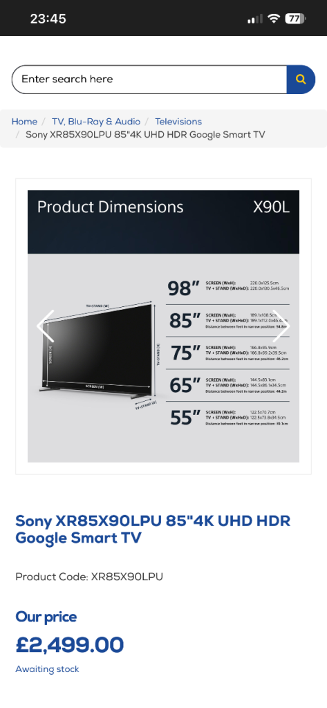 Sony XR85X90LPU 85-inch 4K HDR Full Array LED TV Ultra HD Smart Like New Retail £2499 Bargain