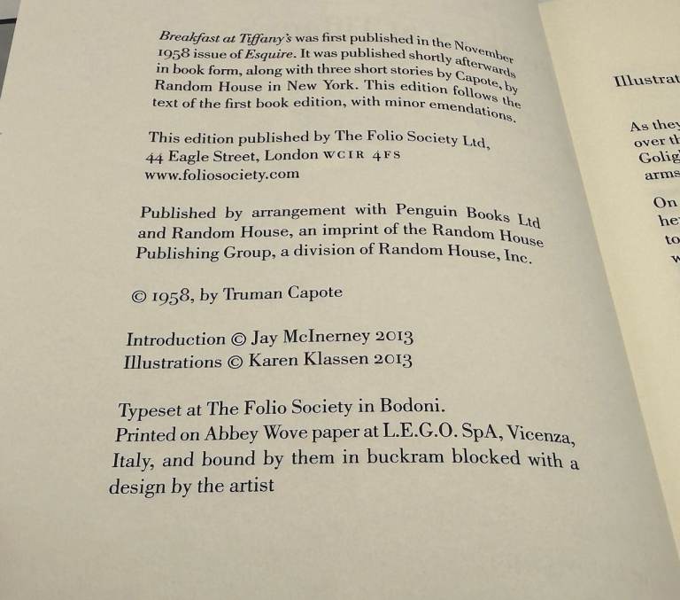 Breakfast at Tiffany’s TRUMAN CAPOTE Illustrated FOLIO SOCIETY 2013 VGC