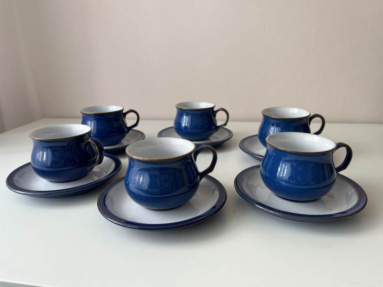 Denby Stoneware Imperial Blue & White tea/coffee cups and saucers - set of 6