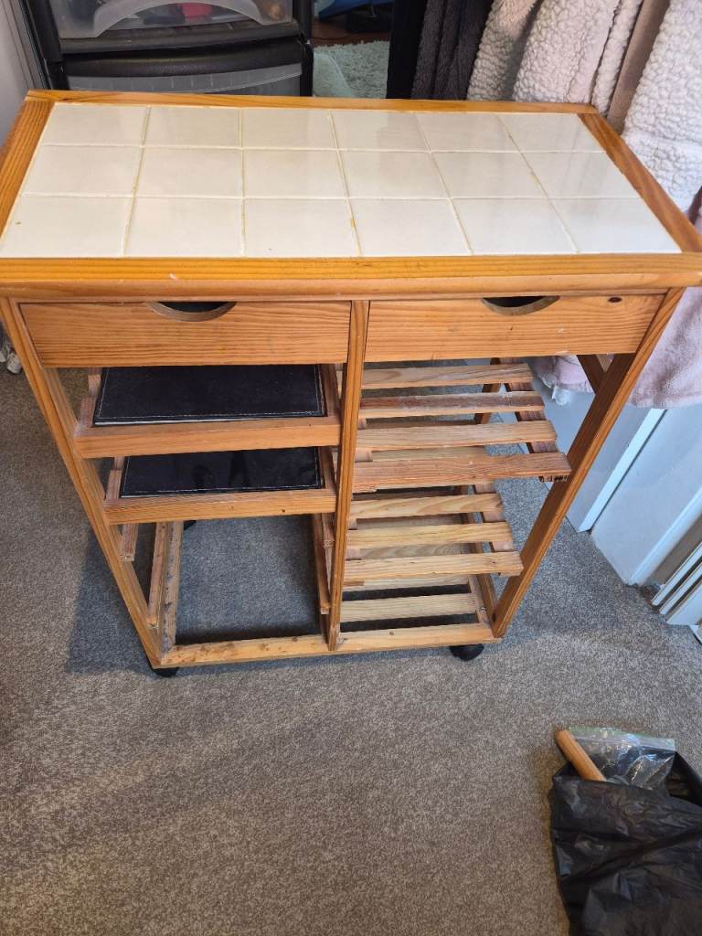 Wooden Kitchen Trolley Cart with Tiled Top – Fair Condition