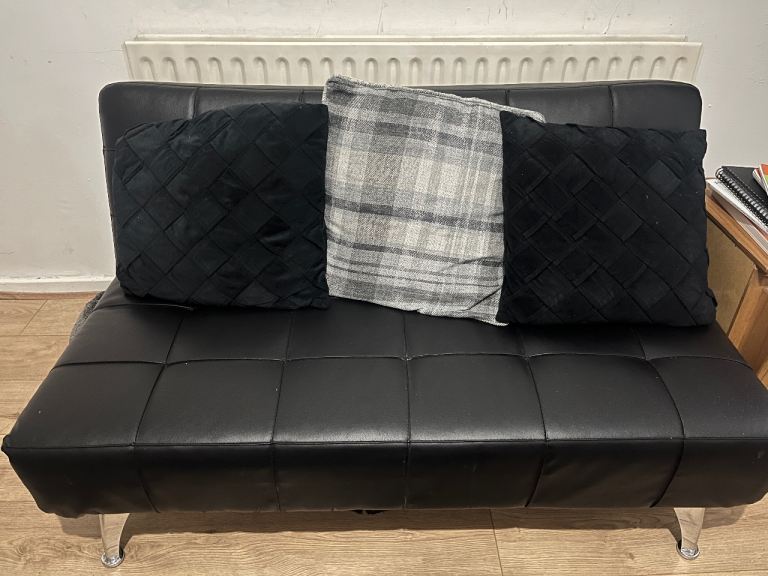 (Pillows Included) Small Black Faux Leather Sofa Bed - Good Condition