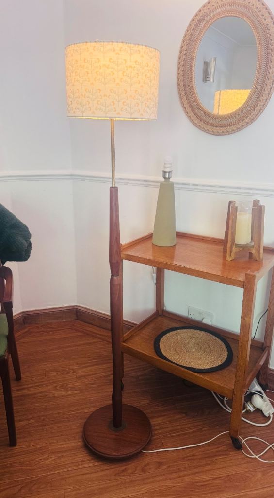 Vintage Mid Century Wooden Floor Lamp with Fabric Shade – Good Condition