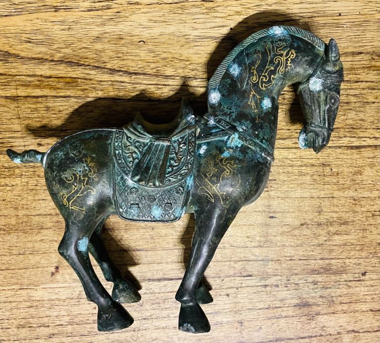 Vintage Chinese Tang Bronze War Horse Statue – Gilt Detail & Heavy Patina