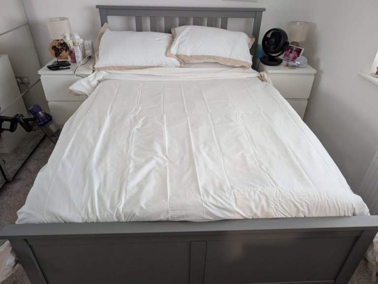 Ikea HEMNES double bed (grey) frame with LONSET slats