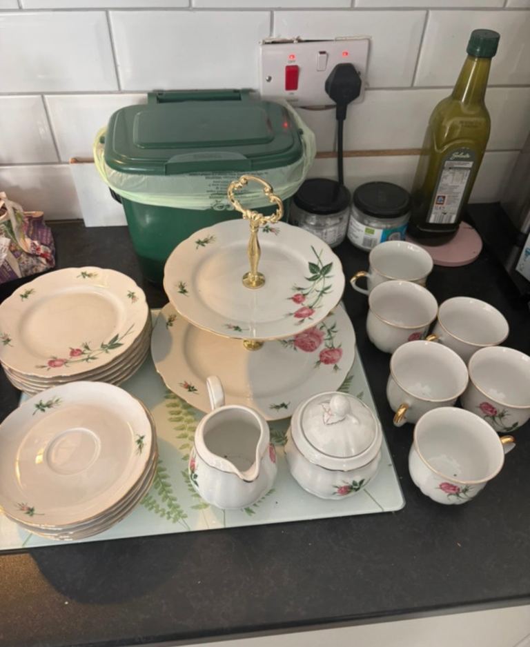 Vintage Porcelain Rose Tea Set - Gold Trim, Tiered Stand, Full Service